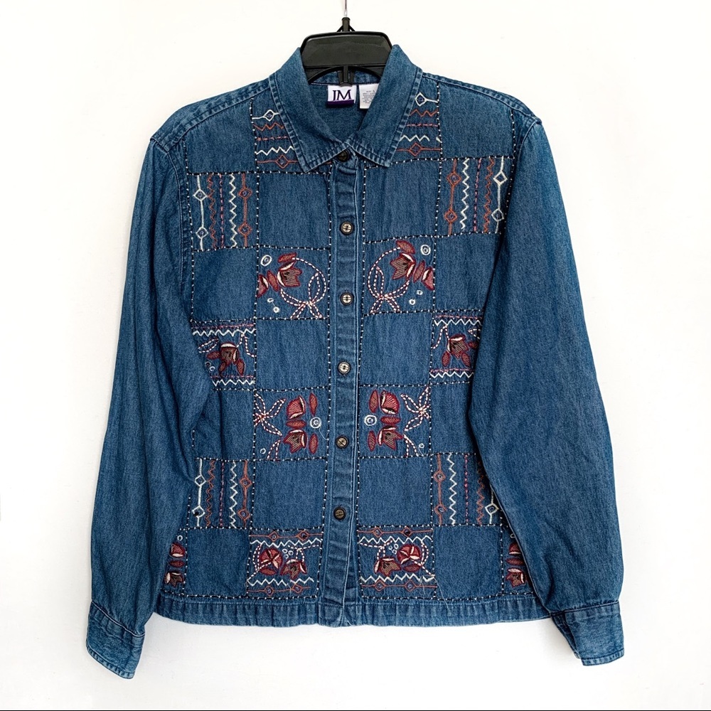 Vintage Denim Button-Down 90s Patchwork Embroidered Shirt